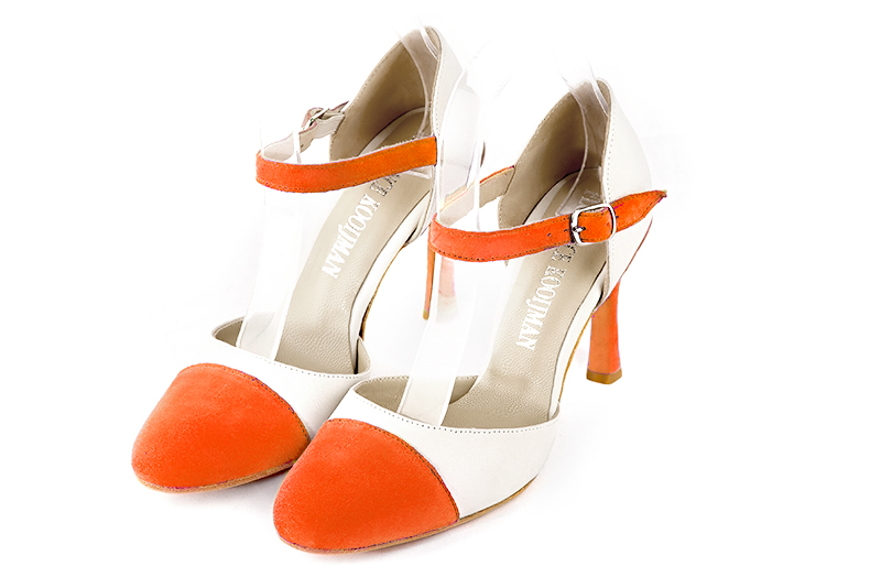 Clementine orange and off white women's open side shoes, with an instep strap. Round toe. Very high slim heel. Front view - Florence KOOIJMAN